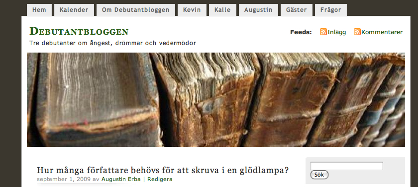 Bilden visar förstasidan på sajten Debutantbloggen, som startades av Augustin Erba och två andra författare 2009.