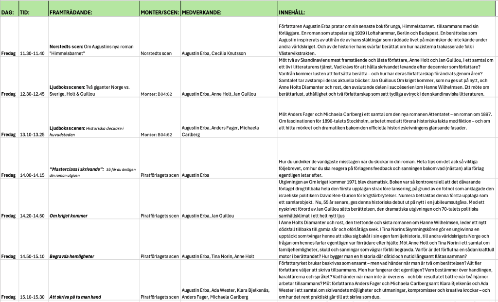 Schema över event och föreläsningar på en bokmässa med tider, datum och medverkande författare.